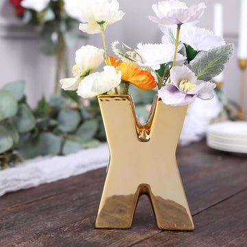 Shiny Ceramic Vase Letter "X" Gold Plated - Chic Bud Planter Pot for Events & Decor 6"