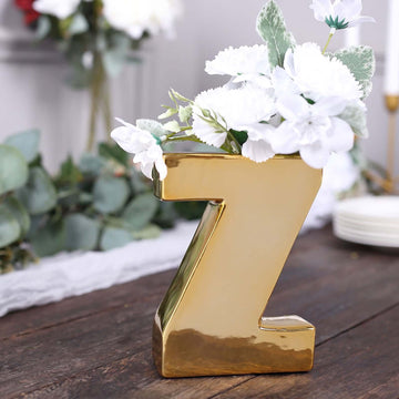 Shiny Ceramic Vase Letter "Z" Gold Plated - Chic Bud Planter Pot for Events & Decor 6"