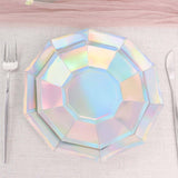 25-Pack Paper 7.5" Decagon Dessert Plates in Iridescent - Disposable Holographic Salad Plates for Starry Night & Fairytale Parties