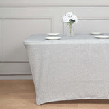 6ft Silver Metallic Shimmer Tinsel Spandex Table Cover, Rectangular Fitted Tablecloth