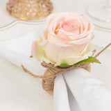 4 Pack Blush Artificial Rose Flower Wooden Napkin Holders, Farmhouse Country Floral Napkin Rings