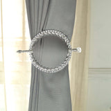 Set of 2 | 6inch Silver Acrylic Braided Barrette Style Curtain Tie Backs With Crystal Diamond