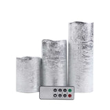 Set of 3 | Metallic Silver Flameless Candles | Battery Operated LED Pillar Candle Lights with Remote Timer - 4"|6"|8"#whtbkgd