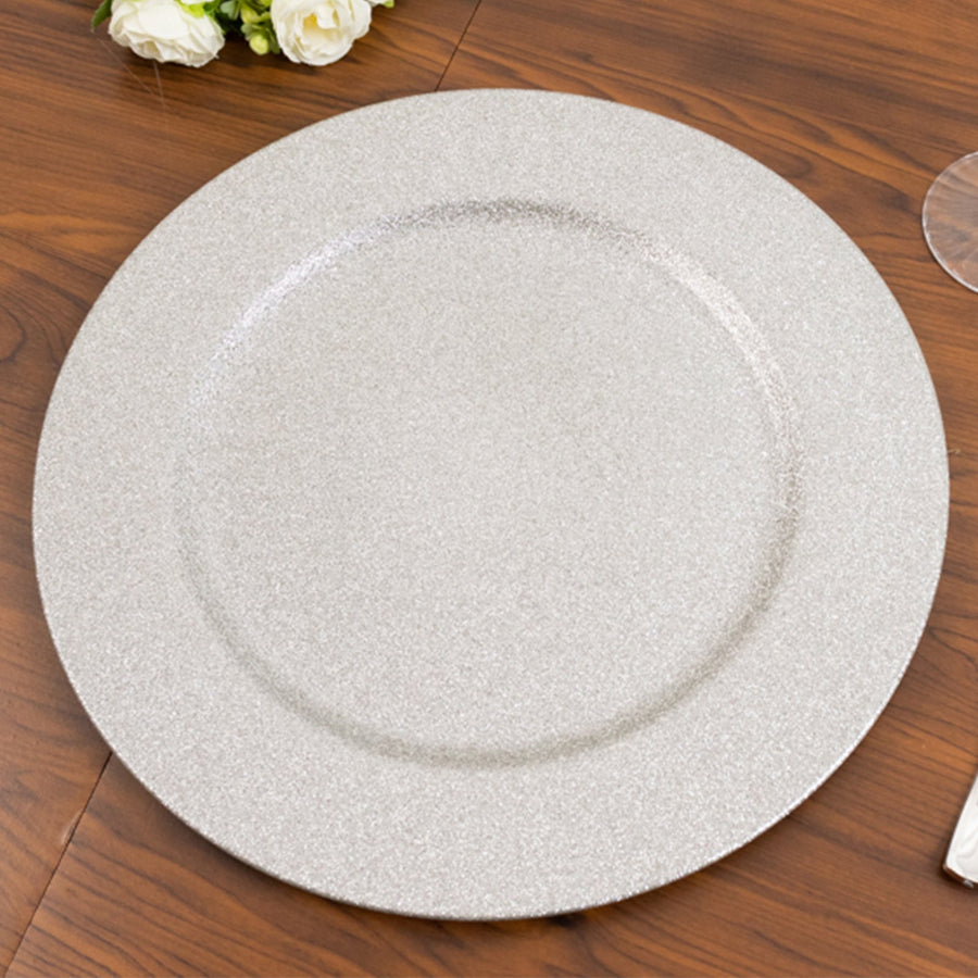 6-Pack Acrylic Plastic Round Charger Plates 13" in Silver with Dust Free Glitter Finish, Decorative Dinner Party Charger Tableware