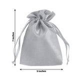 Silver satin drawstring bag, 7x5 inches, perfect for gifts or storage.