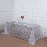 90x156inch Silver Sequin Leaf Embroidered Rectangular Tablecloth, Seamless Sheer Table Overlay