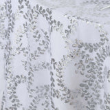 72"x72" Silver Sequin Leaf Embroidered Tulle Table Overlay, Square Sheer Table Topper