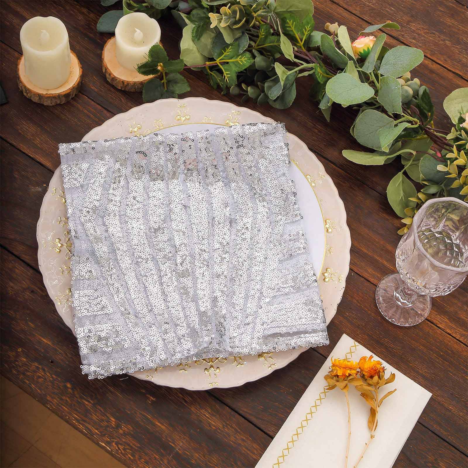 Silver Geometric Diamond Glitz Sequin Cloth Napkins, Decorative