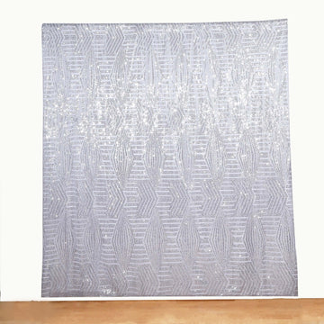 8ftx8ft Silver Geometric Sequin Event Curtain Drapes with Satin Backing, Seamless Opaque Sparkly Backdrop Event Panel in Diamond Glitz Pattern