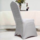 Silver Spandex Stretch Banquet Chair Cover, Fitted with Metallic Shimmer Tinsel Back