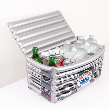 Silver Inflatable Ice Beverage Cooler with 80's Boom Box Design - Party Drink Container for Pool Events 24"x12"