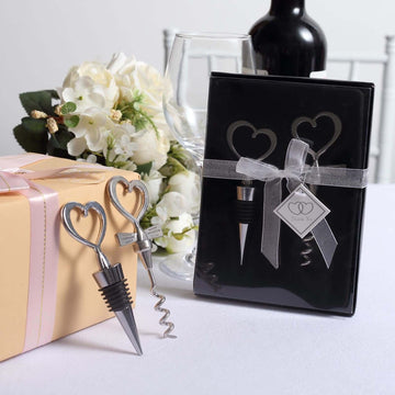 Silver Metal Heart Wine Bottle Opener Cork Stopper Party Favors Souvenir Gift Set, Wedding Favor in Velvet Box - 4.5",5"