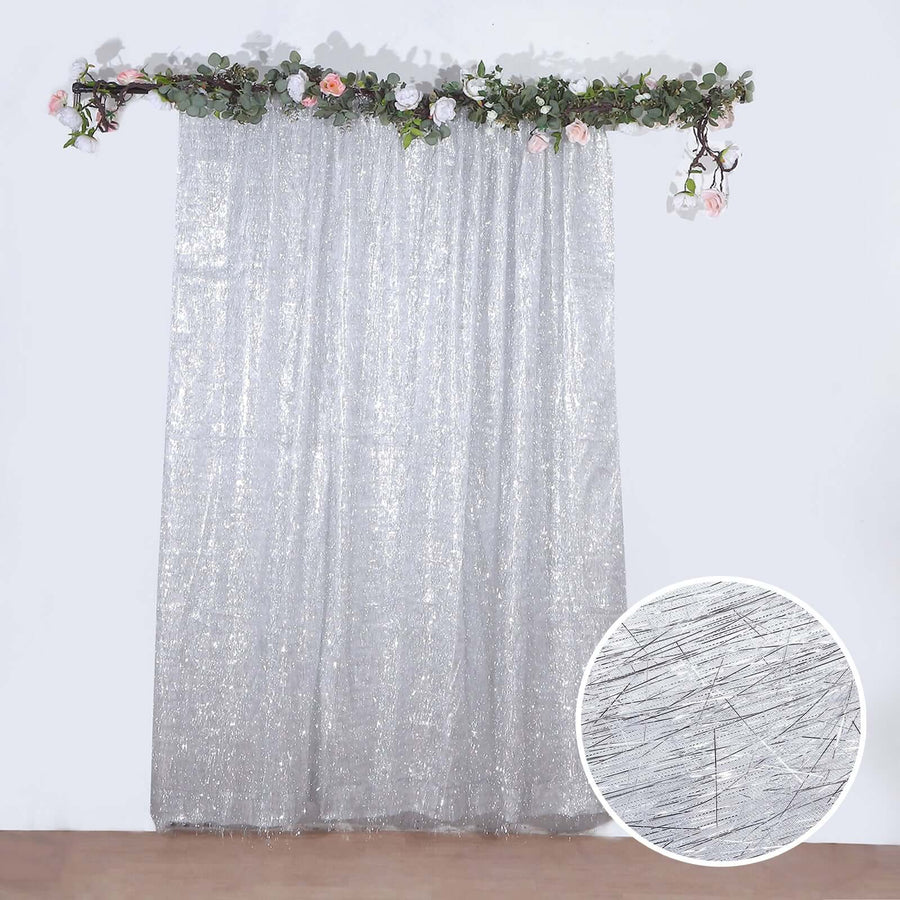 8ft Silver Metallic Fringe Shag Photo Backdrop Drapery Panel, Shimmery Tinsel Polyester Divider