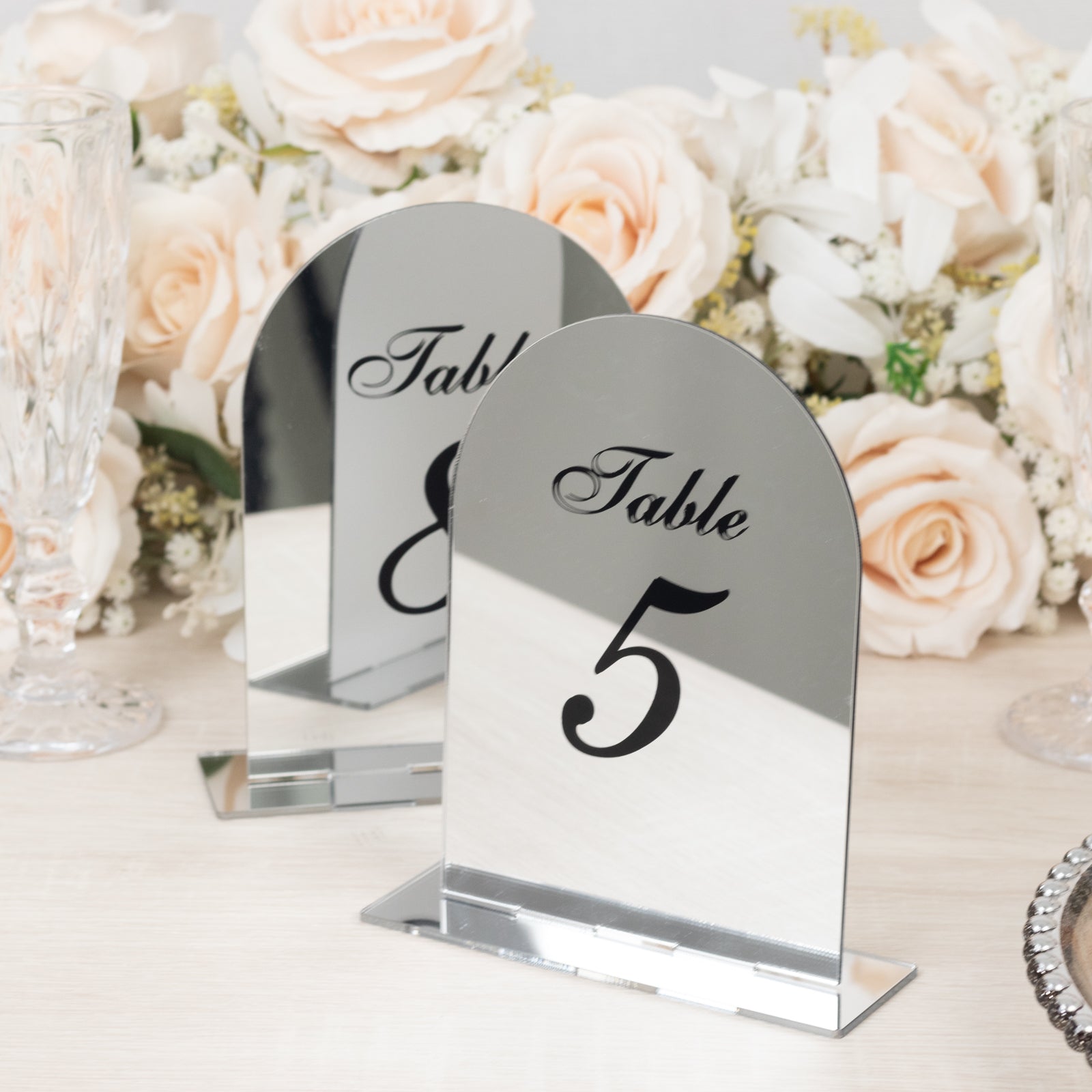 Silver Mirror Arch Acrylic Table Numbers (1-10) - 6"x7" Wedding Reception Signs with Black Print & Stands