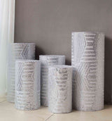 Set of 5 Silver Sequin Mesh Cylinder Pedestal Pillar Prop Covers with Geometric Pattern Embroidery