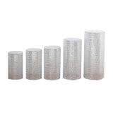 Set of 5 Silver Sequin Mesh Cylinder Pedestal Pillar Prop Covers with Geometric Pattern Embroidery