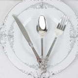 24 Pack | Metallic Silver Baroque Style Heavy Duty Plastic Silverware Set