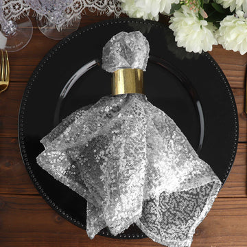 20”x20” Silver Premium Sequin Cloth Dinner Napkin | Reusable Linen