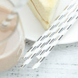 25 Pack 8" White/Silver Striped Disposable Paper Straws