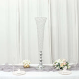 2 Pack | Silver 40inch Tall Crystal Beaded Trumpet Vase Set, Table Centerpiece