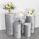 Set of 5 Silver Crushed Velvet Cylinder Pedestal Stand Covers, Premium Pillar Prop Covers