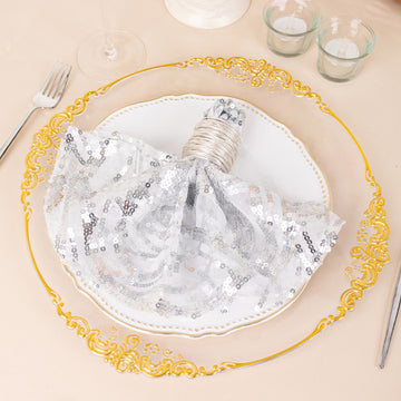 Silver Wave Embroidered Sequin Mesh Dinner Napkin, Reusable Decorative Napkin - 20"x20"