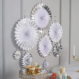 Set of 8 | Silver | White Paper Fan Decorations | Paper Pinwheels Wall Hanging Decorations Party Backdrop Kit | 4" | 8" | 12" | 16"