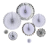 Set of 8 | Silver | White Paper Fan Decorations | Paper Pinwheels Wall Hanging Decorations Party Backdrop Kit | 4" | 8" | 12" | 16"#whtbkgd