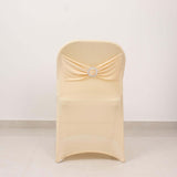 Beige Spandex Folding Chair Covers with Silver Rhinestone Buckled Sash Band