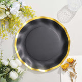 25 Pack | 10inch Matte Black / Gold Wavy Rim Disposable Dinner Plates, Round Paper Party Plates