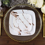 10 Pack | 6inch White / Rose Gold Marble Square Plastic Appetizer Snack Plates, Disposable Plates