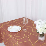 60"x102" Terracotta (Rust) Rectangle Polyester Tablecloth With Gold Foil Geometric Pattern