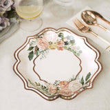 25 Pack | 8inch White / Rose Gold Floral Scallop Rim Salad Party Paper Plates, Dessert Plates