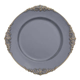 6 Pack | Charcoal Gray Gold Embossed Baroque Round Charger Plates With Antique Design Rim#whtbkgd