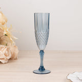 6 Pack Dusty Blue Crystal Cut Reusable Plastic Wedding Flute Glasses, 8oz Shatterproof