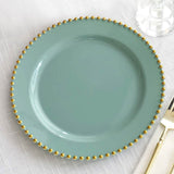 10 Pack Dusty Sage Disposale Party Plates with Gold Beaded Rim, 10inch Round Plastic Dinner Plates