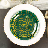 20 Pack Set | 9inch, 7inch Hunter Emerald Green Geometric Gold Print Plastic Plates