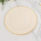 10 Pack 10" Ivory Gold Flair Rim Disposable Dinner Plates, Round Plastic Party Plates