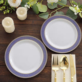 10 Pack White Disposable Salad Plates With Navy Blue Gold Spiral Rim