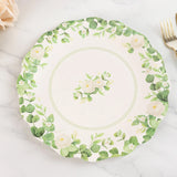 25-Pack Paper 11" Round Dinner Plates in White with Floral Greenery & Scalloped Edges - Disposable Party Plates for Nature-Inspired Events & Chic Celebrations