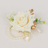 2 Pack White Artificial Rose Wrist Corsages With Pearls, Flower Bracelet Wedding Accessories