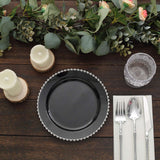 10-Pack Black Plastic Dessert Plates – 8inch Round with Silver Beaded Rim, Disposable for Parties