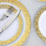 10 Pack | 10inch White Hammered Design Plastic Dinner Plates With Gold Rim