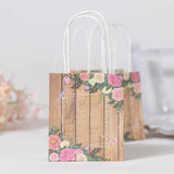 12 Pack Natural Wood Print Paper Party Favor Bags with Rose Floral Accent, Small Gift Goodie Bags