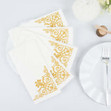 20 Gold Foil White Airlaid Linen-Feel Paper Dinner Napkins, Disposable Hand Towels Fleur Vintage