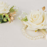 2 Pack White Artificial Rose Wrist Corsages With Pearls, Flower Bracelet Wedding Accessories