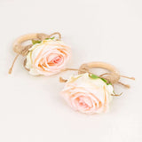 4 Pack Blush Artificial Rose Flower Wooden Napkin Holders, Farmhouse Country Floral Napkin Rings