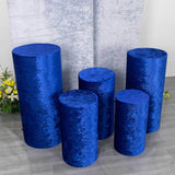 Set of 5 Royal Blue Crushed Velvet Cylinder Pedestal Stand Covers, Premium Pillar Prop Covers