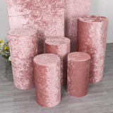 Set of 5 Dusty Rose Crushed Velvet Cylinder Pedestal Stand Covers, Premium Pillar Prop Covers