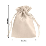 Beige satin drawstring bag, 7 inches tall and 5 inches wide.